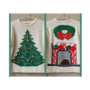One of a Kind‎ Handmade Christmas Tree Sweater Front Back Hearth Stockings MED